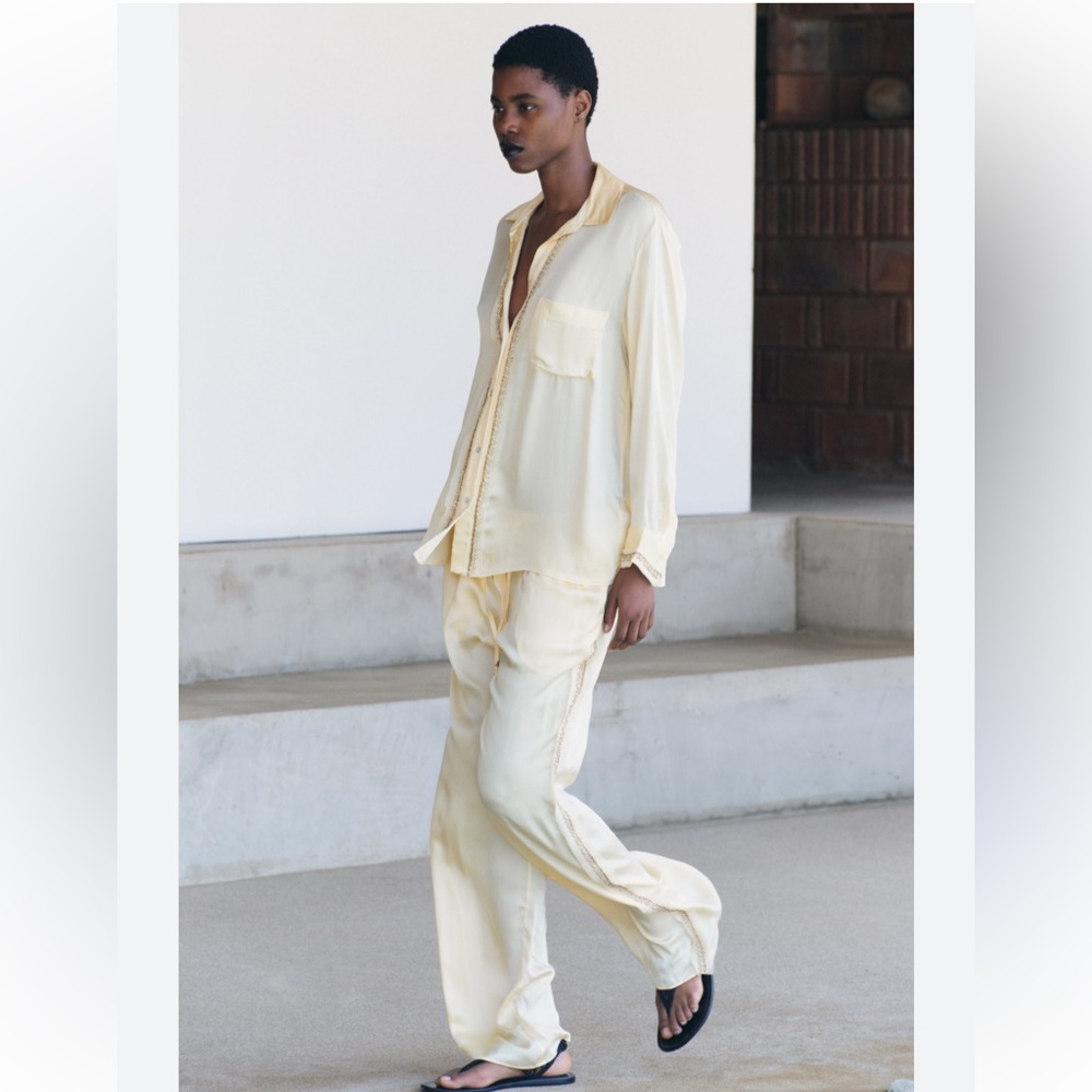 ZARA CO-ORD SATIN EFFECT EMBROIDERED SHIRT & PANTS SET - PASTEL YELLOW - Picture 7 of 8